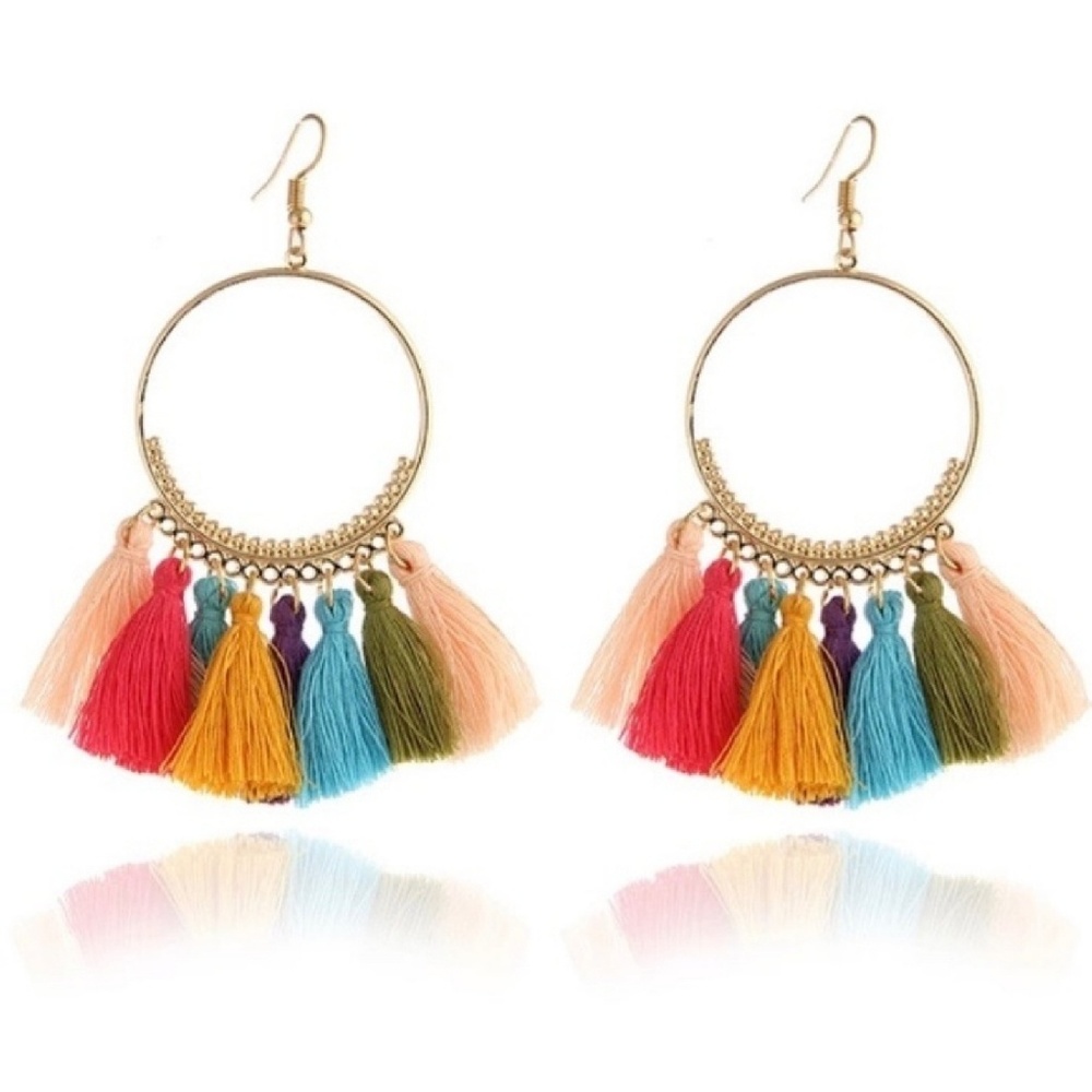 Cotton Fringe Hoop Statement Earrings - Picture 2 of 2